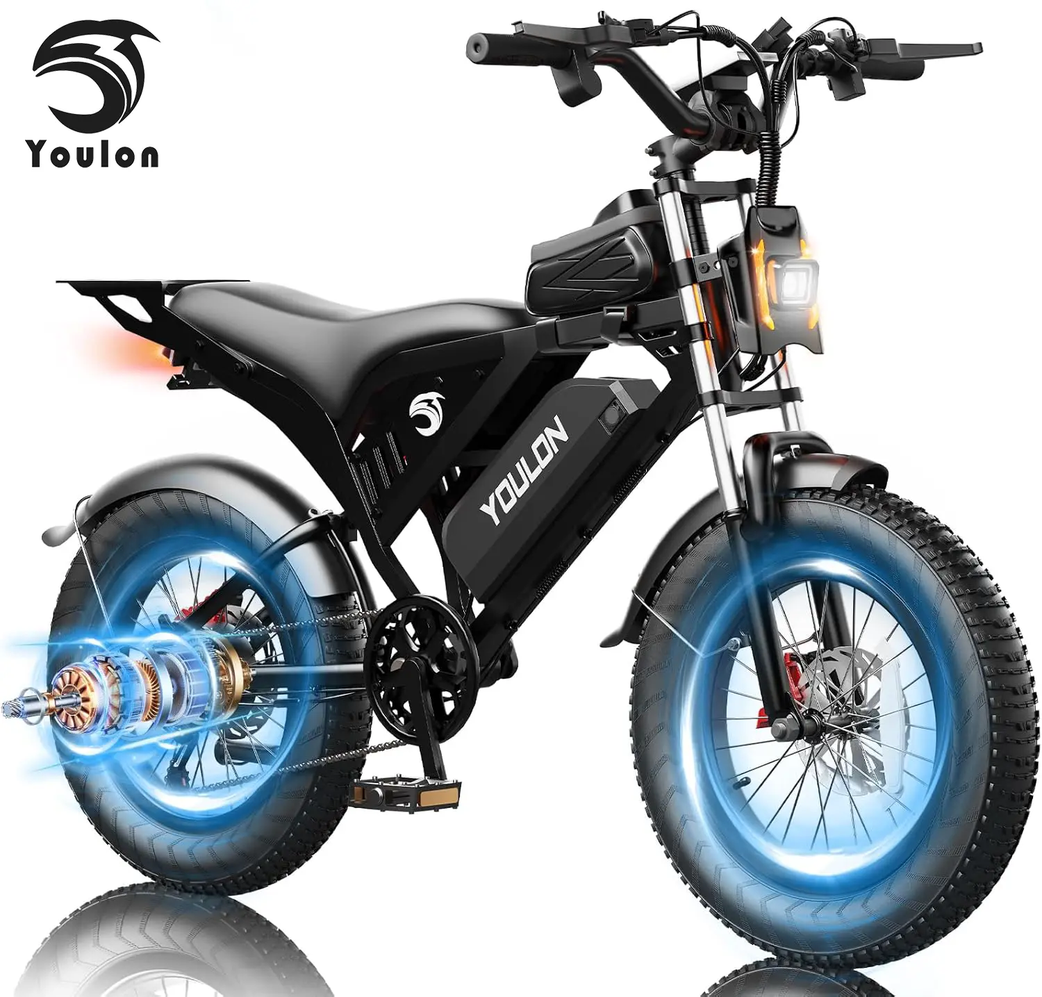 YOULON 20" Fat Tire Electric Bicycle for Adults, 1500W 30MPH Off-Road E-Bike with 48V 23Ah Battery, Full Suspension, Hydraulic Brakes, 7-Speed, USB Port & 33 lbs Rear Rack, 33 Lbs Rear Rack Payload, All-Terrain, Off-Road Ride, Unisex Adults, Adventure, Ou