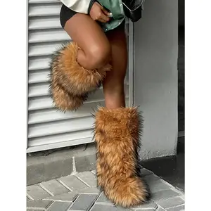 Winter Knee High Boots Pull-On Faux Fur Boots Furry Fluffy Round Toe Fashion Boots For Women Suede Comfy Plush Warm Knee High Boots Outdoor Indoor Flat Shoes Party Dressy Women Winter Autumn Fall Boots