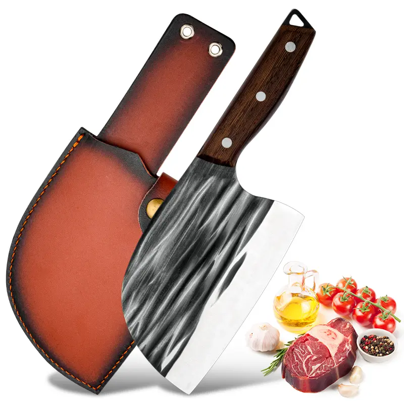 Durable Wood-Handle 2-Piece High-Quality Steel Kitchen Chef's Knives Set with Sheaths - Bone-Chop Ready Tool for Meat & Veg Cutting, Easy-to-Carry Camping Outdoor Gear