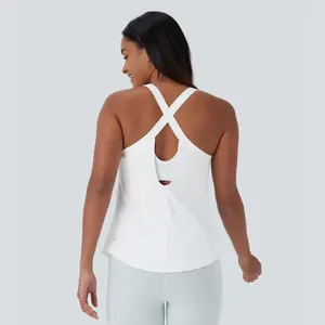 Halara U Neck Backless Crisscross Curved Hem Cool Touch Yoga Tank Top-UPF50+