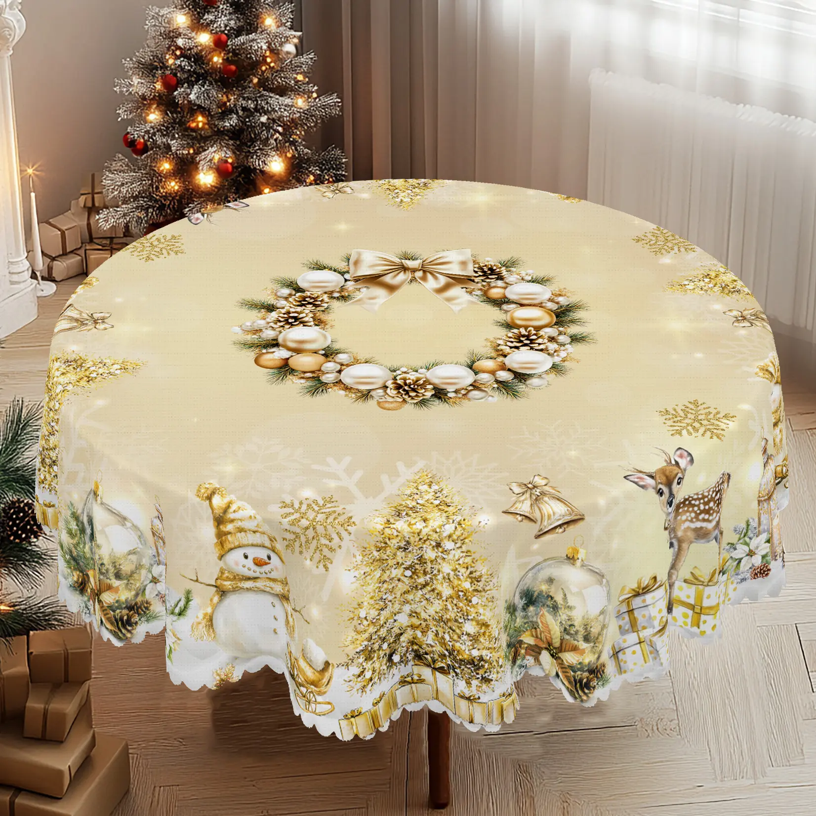 PLUMLIK Vintage Christmas Tablecloth with Santa Claus, Reindeer Patterns, Christmas Decor 2025, Christmas Party Decoration for Indoor&Outdoor, Golden Round Rectangular Table Cloth, Holiday Home kitchen Festive Decor, Christmas Gifts Dinnerware Celebration