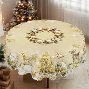 PLUMLIK Vintage Christmas Tablecloth with Santa Claus, Reindeer Patterns, Christmas Decor 2025, Christmas Party Decoration for Indoor&Outdoor, Golden Round Rectangular Table Cloth, Holiday Home kitchen Festive Decor, Christmas Gifts Dinnerware Celebration