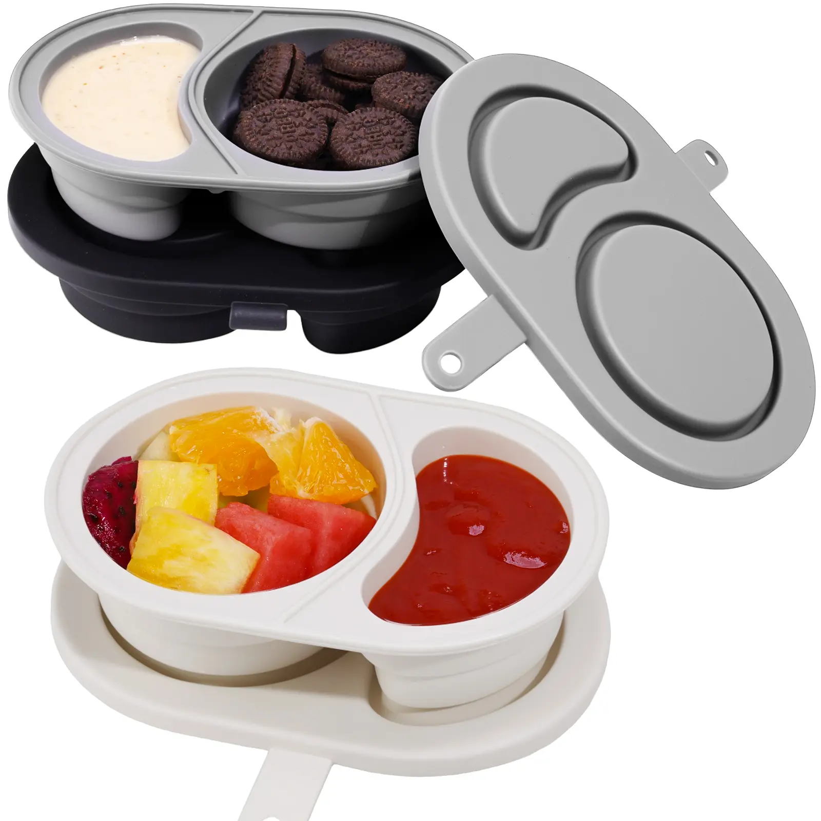 NiHome 3-Pack Reusable Dual-Compartment Silicone Collapsible Snack Locker - Leakproof Lunch Container, Snack Pack Container, Kitchen Utensil, Minimalist Nordic Design, Easy-Clean, Freezer-Organizing, Microwave & Dishwasher Safe (Cream, Gray, Black)