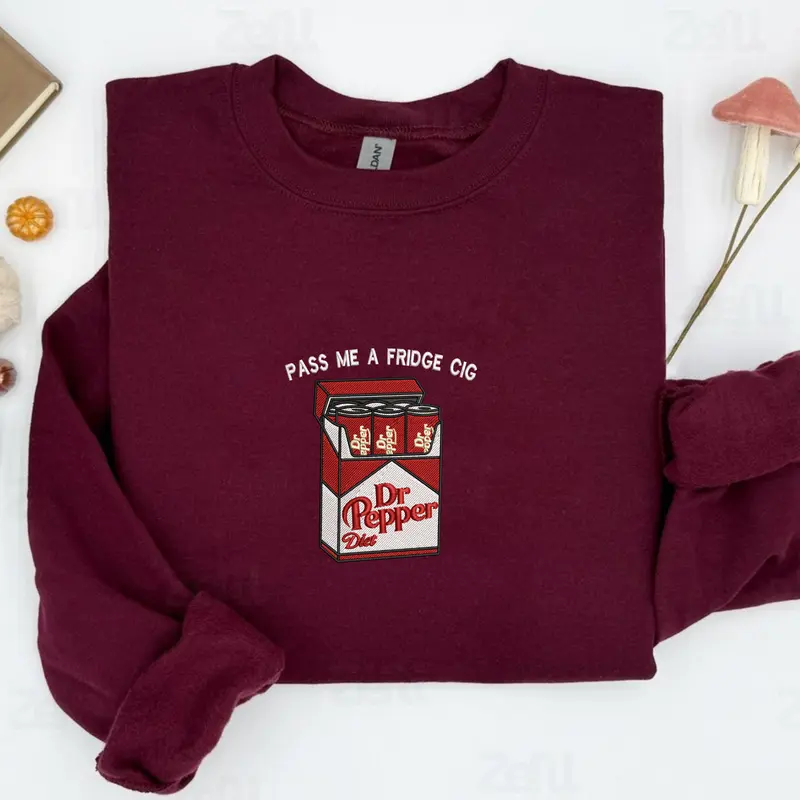 Embroidered Red Soda/Diet Soda Cig Pack Sweatshirt, Soda Patch Shirt, Fridge Cigs Parody Embroidered Shirt, Cute Meme Gift For Him Her, Womenswear