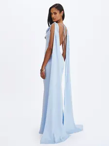 Eira Mist Blue Cowl Scarf-Detail Mermaid Maxi Dress