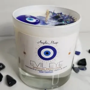 Angelie Magic Evil Eye Crystal Soy Candle - Spiritual Protection with Cinnamon Vanilla Lap Lazuli & Onyx Reiki Charged