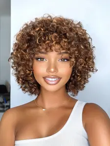 10-Inch Highlight Curly Human Hair Wig with Bangs, Natural Voluminous Curls, Soft Lightweight & Breathable, Easy to Wear & Style, Heat-resistant & Dyeable, Perfect for Daily Wear, Parties, Travel and Photoshoots, Kinky Curly Wig
