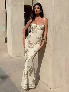 Light-mature style heavy floral low-cut slimming camisole dress with waist-cinching versatile mermaid long skirt