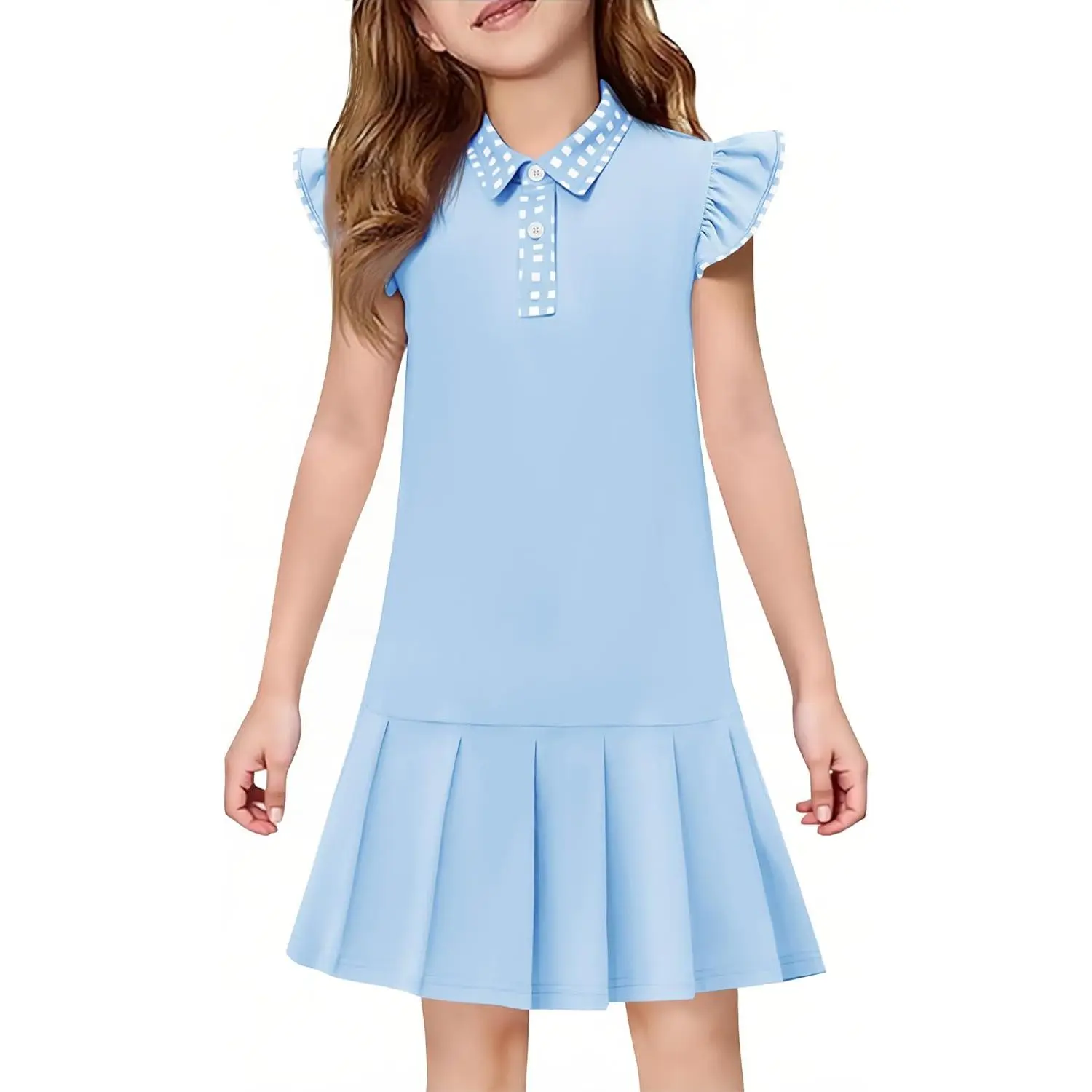 Haloumoning Girls Ruffle Sleeve Summer Dress Kids Casual Pleated School Uniform Polo Dresses 5-14 Years