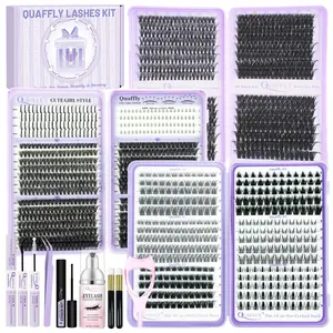 QUAFFLY Lash Extension Kit Multiple mixed styles Volume Lash Clusters Spikes+Bottom Eyelash Clusters Extensions with Eyelash Glue, Lash Bond & Seal Remover Tweezers Mascara Shield Cleansing Mousse  brush*2