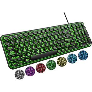 Large Print Backlit Keyboard, Wired USB Lighted Computer Keyboards with 7-Color Backlit,  Print Letters, Quiet Typewriter Keyboard with Retro Round Keycaps for Windows PC, Laptop