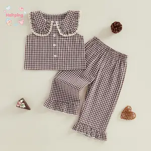 Baby Girls Brown Gingham 2 Piece Set, Ruffle Peter Pan Collar Button-Down Top & Ruffle Hem Pants, Casual Summer Outfit for Toddler, Soft Cotton Blend for Play & Photoshoots