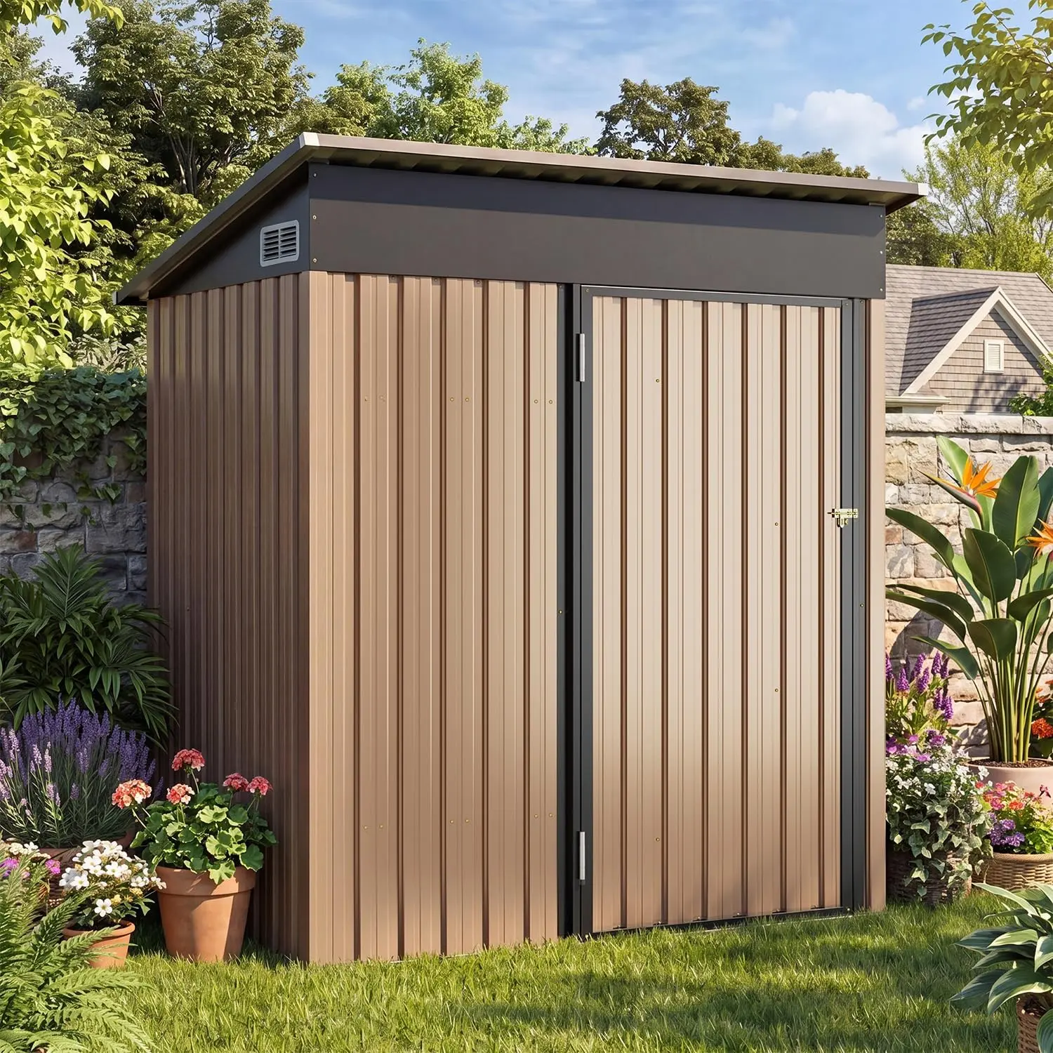 Aoxun Outdoor Storage Cabinet, Waterproof Metal Garden Tool Shed with Lockable Doors, Adjustable Shelves, Floor Base and Sloped Roof for Patio, Backyard and Lawn