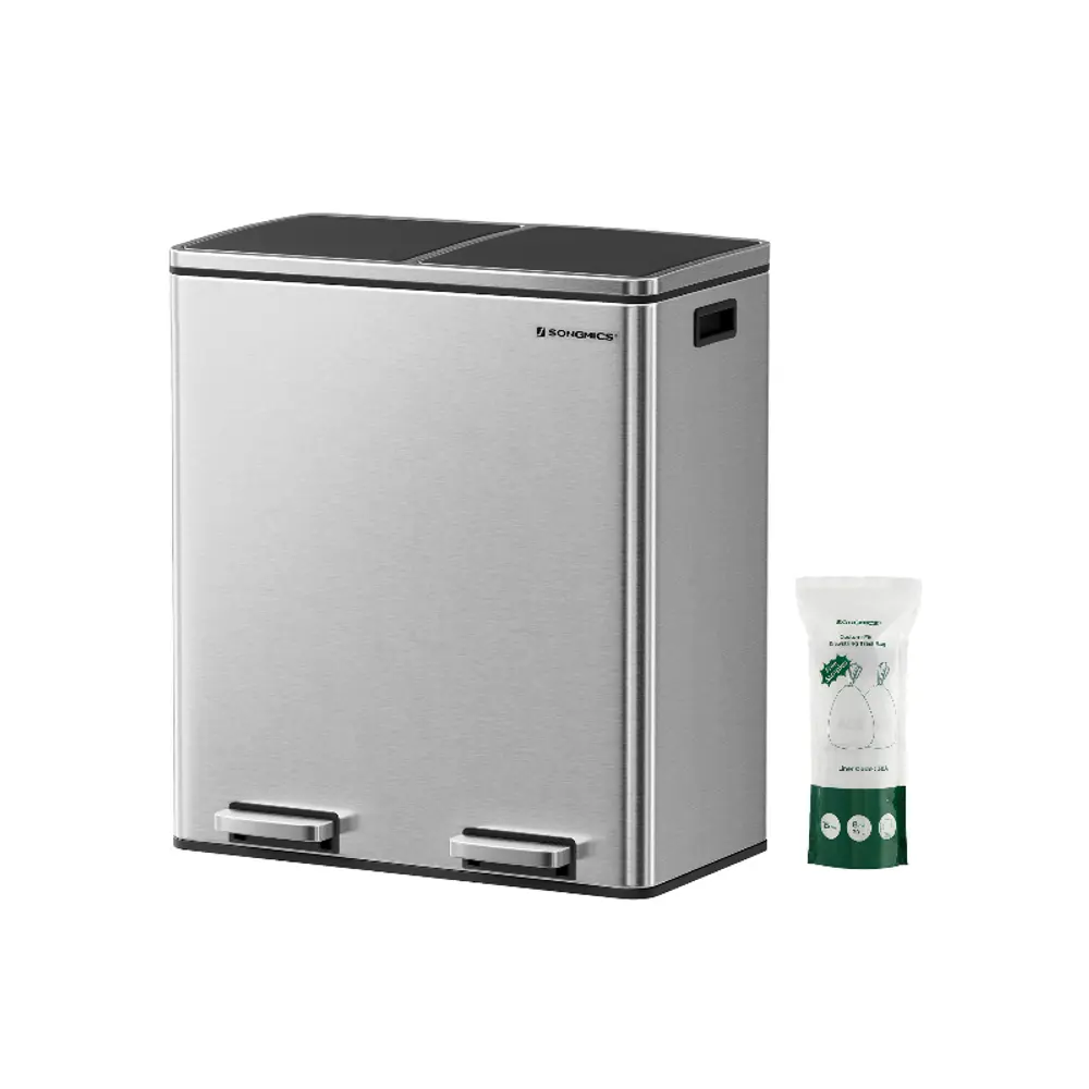 SONGMICS Trash Can 2 x 8 Gallon (2 x 30 L) Kitchen Garbage Can with 15 Trash Bags, Plastic Inner Buckets & Hinged Lids