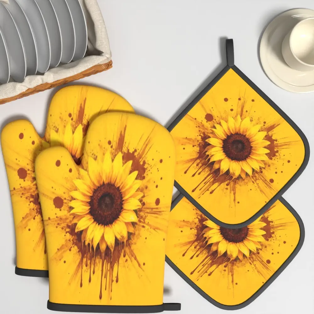 4pcs Oven Mitts And Pot Holders Sunflower Splatter Kitchenware Heat Resistant Oven Mitts And Pot Holders Sets Suitable For Cooking, Home Oven, Baking, Serving, Kitchen Decoration, Housewarming Gifts