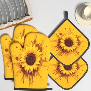 4pcs Oven Mitts And Pot Holders Sunflower Splatter Heat Resistant Oven Mitts And Pot Holders Sets Suitable For Cooking, Home Oven, Baking, Kitchen Decoration, Housewarming Gifts