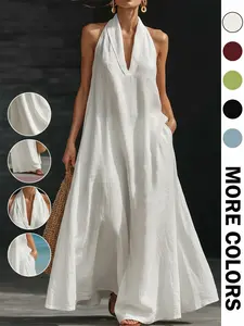 New 2026 Summer Women's Casual Plain V-Neck Dress, Lazy Neck Long Dress, Beach Vacation, Afternoon Tea, Daily Commute, Light Evening Wear