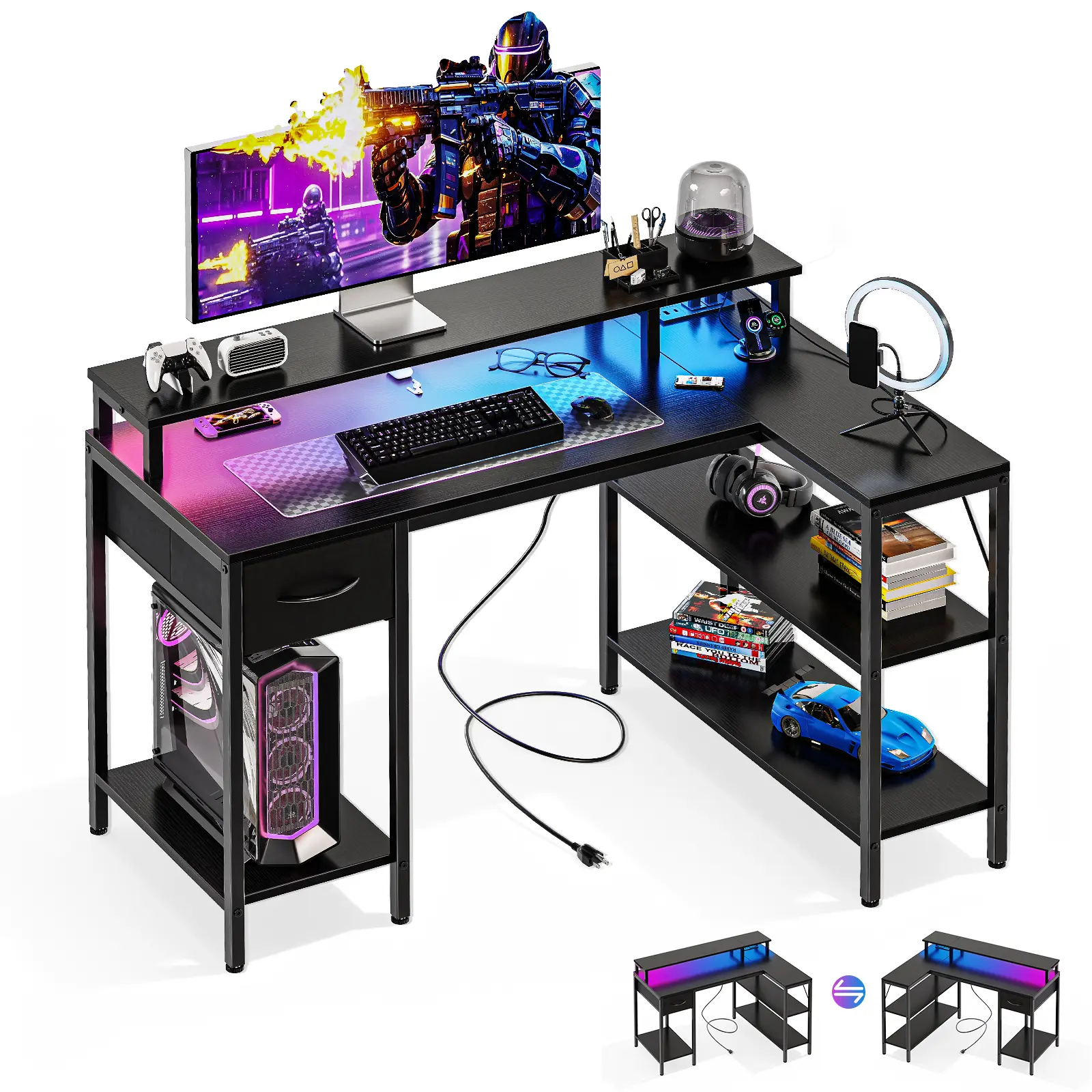 Reversible L-Shaped Gaming Desk with USB Charging Ports, LED Lights, Power Outlets, Monitor Stand, Storage Shelves for Home Office Small Spaces