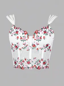 Women's Embroidered Mesh Corset Top, Ruched Shoulder Strap Crop Tank, Flirty and Bridal Style, Slim-Fitting Fashion