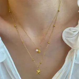 BIGWIG Women's Retro 2-Piece Beaded Necklace Set - Long Layered Starfish, Conch, Seashell Pearl Charm Necklace with Metal Chain, Waterproof Trendy Dainty Layering Charms Jewelry for Summer Beach, Exquisite Jewelry Gift
