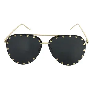 Fashion Culture Affair Studded Aviator Sunglasses, Black coachellasunnies Uv Protection Trendy Beach Eyewear