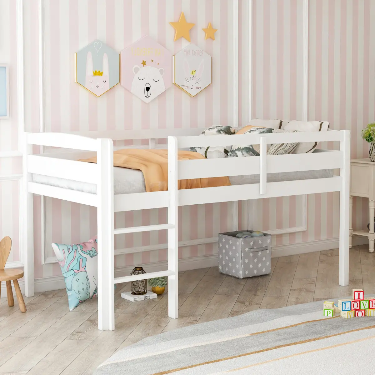 Twin Size Minimalist Pine-Wood (MDF) Durable Low Loft Bed with Ladder, Espresso, Space-Saving Indoor Bedroom Furniture, 71 lbs, 78.8"l x 42.7"w x 45.5"h (OLD SKU: WF286816AAK)