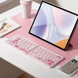 Mofii Foldable Bluetooth Connectivity Keyboard, Portable Compact Travel Keyboard, Wireless Keyboard, Rechargeable, Compatible with Windows, Android, iOS & Mac OS, Cartoon Theme, Pink, Foldable Design