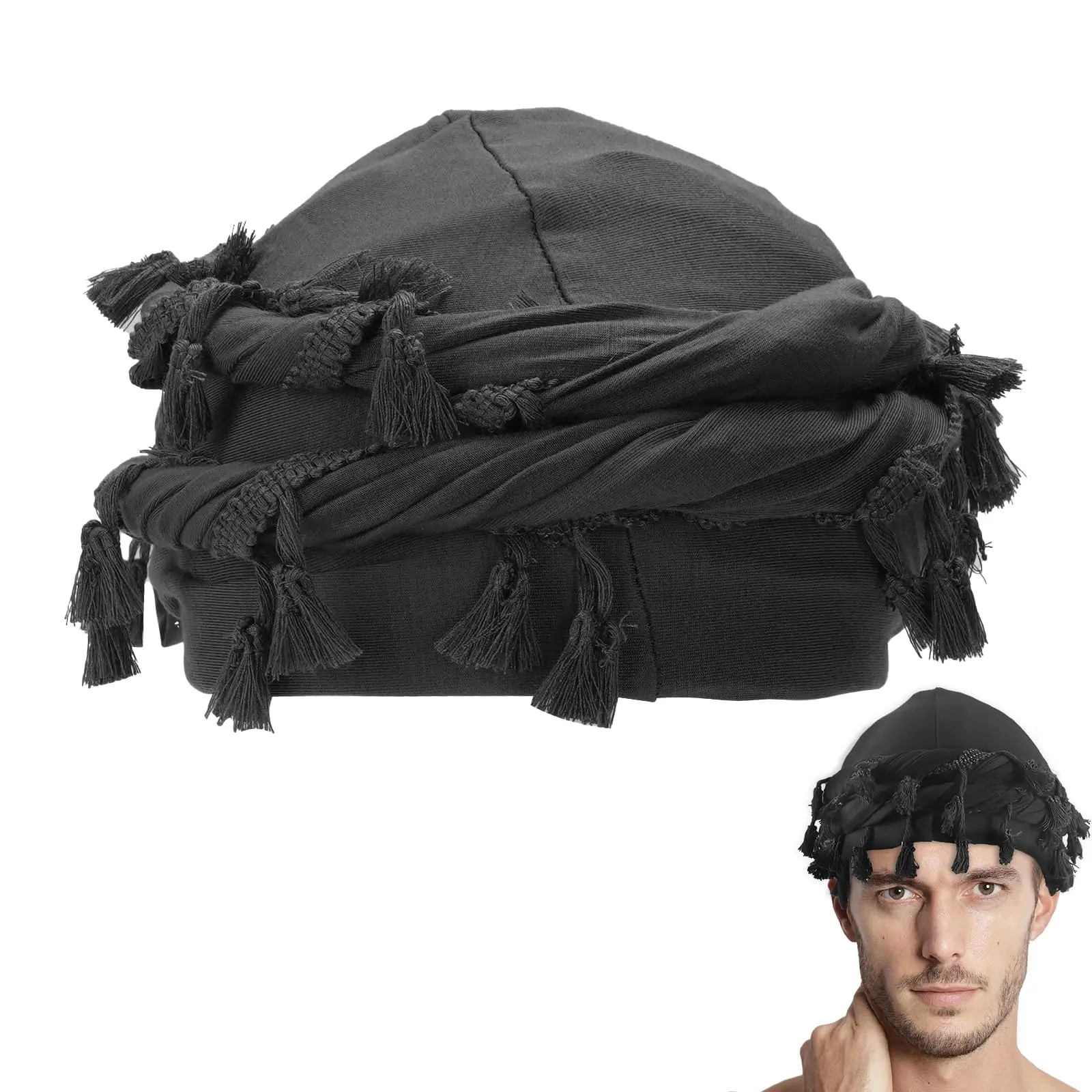 Women Men Cotton Durag Satin Lined Halo Turban Wraps, Unique Design Turban, Tassel Beanie for Causal Life