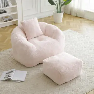 Giant Bean Bag Chair WithFootstool, Oversized Bean Bag  For Adults And Kids, Faux Fur Shell-Shaped Large Chair With Filler, Stuffed Big Accent ,White/Pink/Light Blue/Khaki/Yellow
