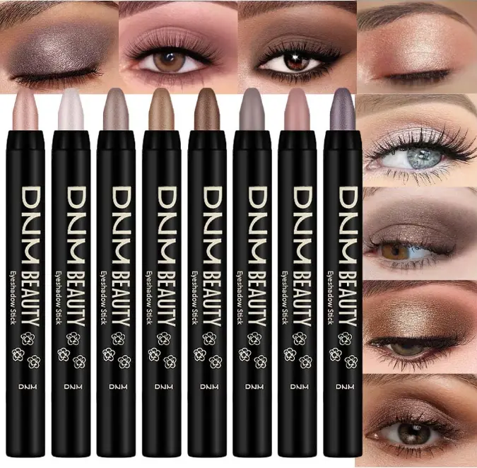8Pcs Cream Eye Shadow Brightener Stick Makeup Set, Champagne Pearl Taupe Bronze Cocoa Stone Putty Smoky Amethyst Shimmer Matte Eyeshadow Eyeliner Pencil Applicator Stick Palette Makeup for Older Women
