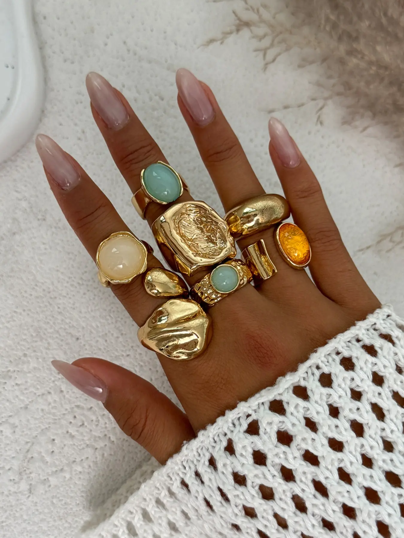 7 Pieces Women's Vintage Fashion Geometric Design Ring Set, Bold Metal Statement Multi Ring, Perfect for Daily Wear & Party, Fashionable Jewelry Gifts