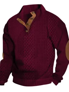 Men's Vintage Knit Hoodie with Stand Collar Design, Leather Patch Decoration, Casual Retro Style, Perfect for Autumn Winter Seasons