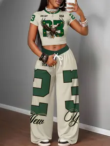 Women's Y2K Style Two-Piece Set, Eagle Number Print Top + Wide Leg Pants, Streetwear Fashion, Athletic, Activewear, Short Sleeve, Round Neck, Sporty Look