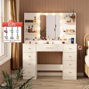 【Summervibes】Modern Glass Top Vanity Set with Large Mirror, Drawers, Power Outlet, 3 Color Adjustable Lighting for Bedroom White Desk LED Lights sound sync transparent gifts wives Charging Station RGB Makeup vanity desk