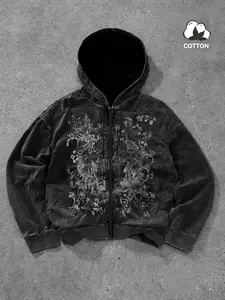 Men's Vintage Washed Cotton Hoodie with Zipper, Gothic Baroque Floral Print, Breathable Comfort Fit, Streetwear for Spring & Fall