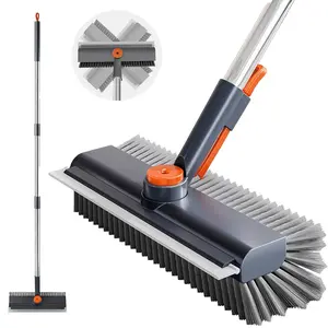 Floor Scrub Brush with Long Handle,3 in 1 Scrape and Heavy-Duty Stiff Bristle Scrubber Brush for Cleaning Shower Bathroom, Patio, Garage, Kitchen, Wall and Deck, Cleaning Supplies for Home, Essential Items for Home