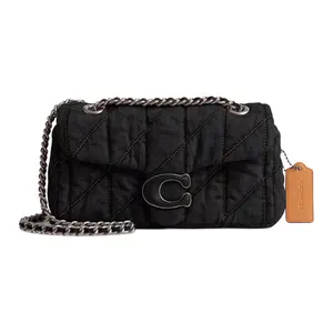 COACH Tabby 20 Small Denim and Nappa Leather Shoulder Bag with Signature Metal C Logo Charm in Silver-Black for Women