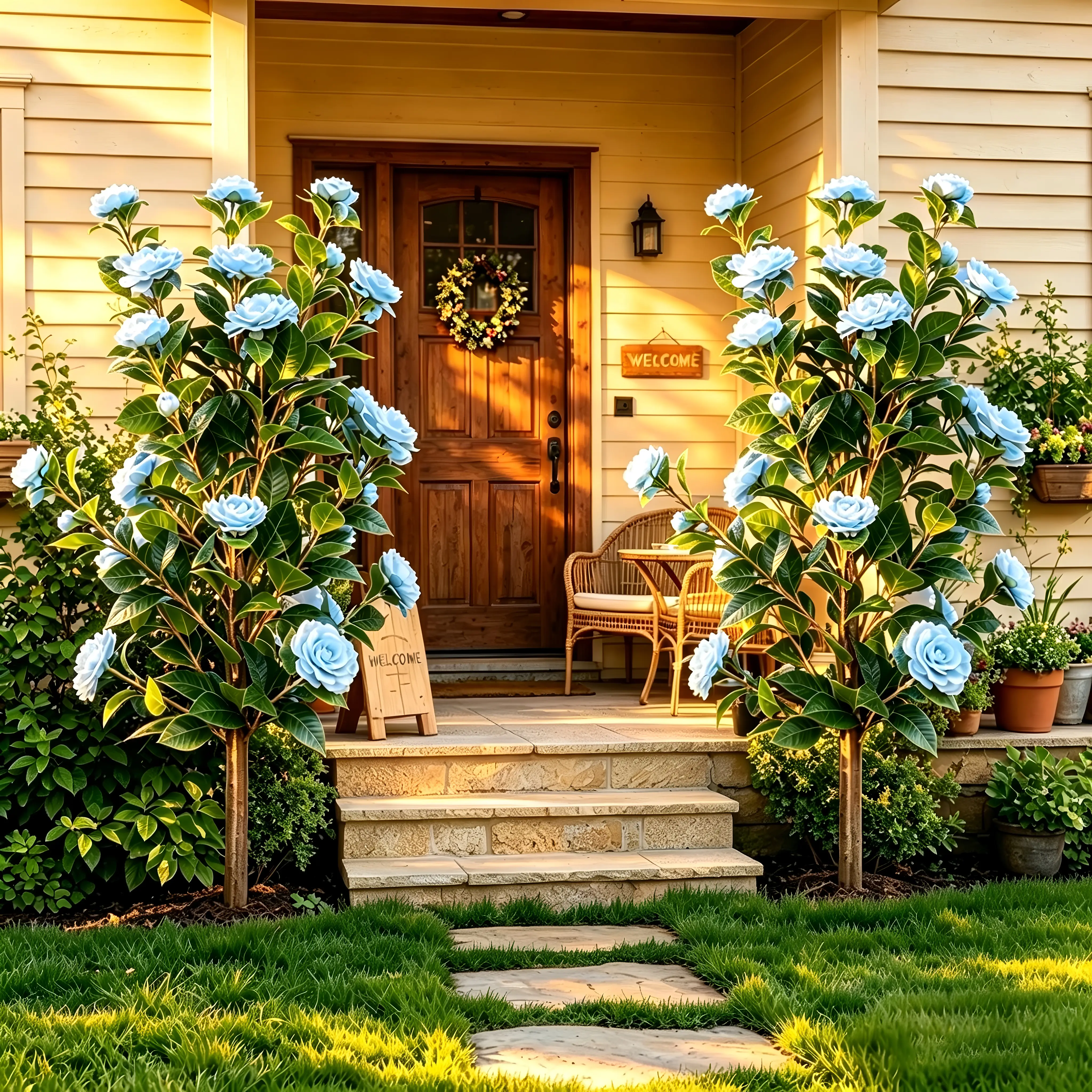 DLD 2 Pack 36 Inch Light Blue Artificial Camellia Shrubs, UV Protected Realistic Faux Silk Flowers with Ground Spike, Weather Resistant Outdoor Decor for Lawn, Porch, Garden, Cemetery, Wedding & Housewarming Gift