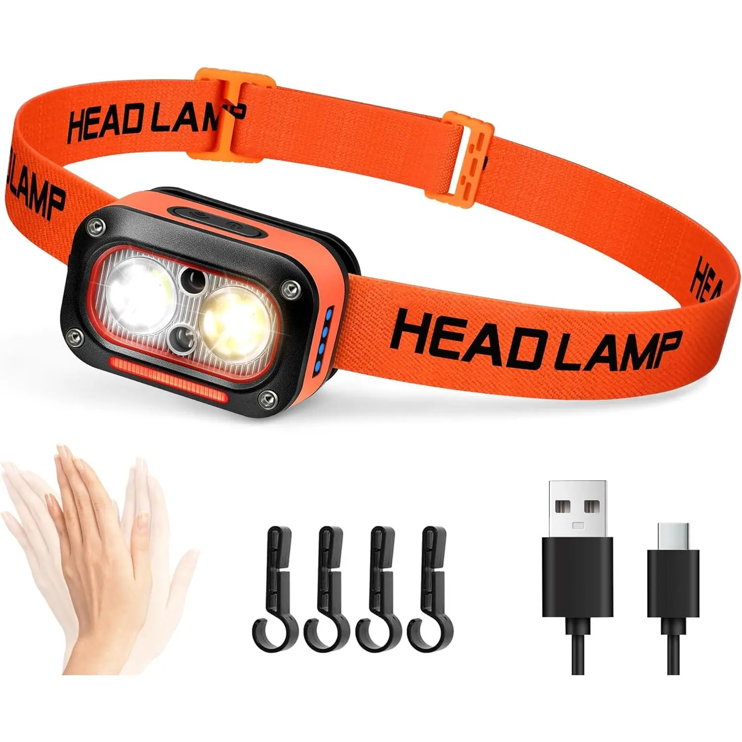 High Lumens LED Hardhat Headlamp - USB-C Rechargeable Dual-Function with Motion Sensor, IPX4 Rating, Power Display, Red Warning, Warm Glow, Up/Down Adjustment, 6h Single-Light Mode, 4h Dual-Light Mode for Camping, Hiking, Headband, Adjustable, Outdoor Act