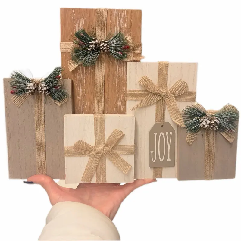 Handcrafted Blocks Pinecone & Burlap Christmas Accents Rustic Wood Decor with JOY Tag and Bow Details Set Farmhouse gift wrap holiday indoor decorative holiday decor