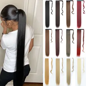 Synthetic Hair 22''34'' Long Straight Ponytail Wrap Around Ponytail Clip in Hair Extensions Black Hairpiece Headwear