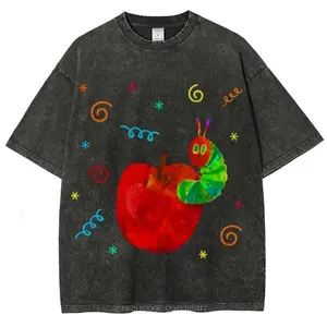 Apple Caterpillar Unisex Vintage Washed Tee, Unisex Vintage Tee, Vintage Colorful Tee - Oversized Shirt - Natural & Animal Planet Unisex Streetwear