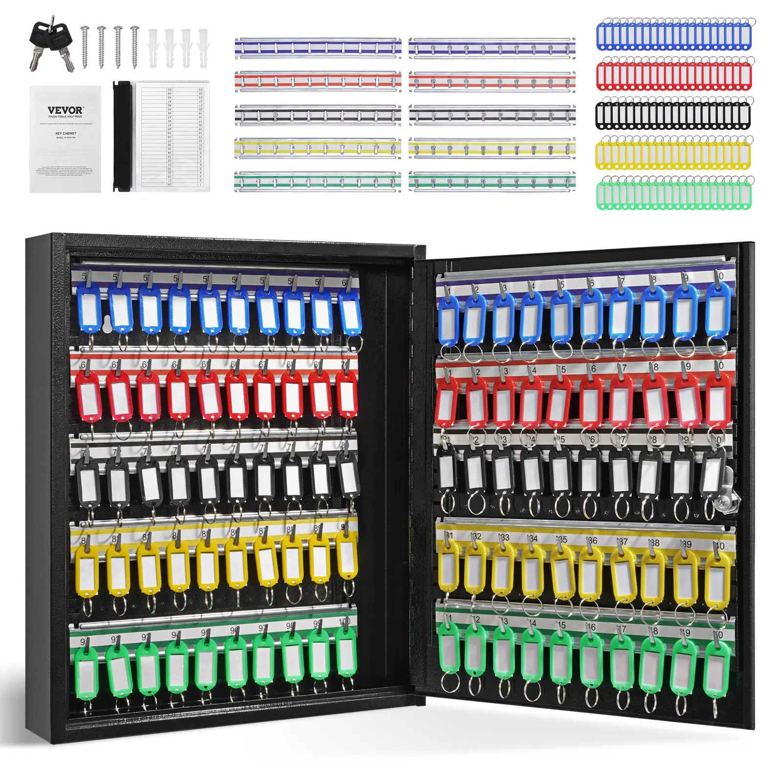 【Summerfinds】VEVOR 100-Key Cabinet Key Lock Box with Adjustable RacksSecurity Key Storage Box SteelKey Organizer with 100 Colorful Key Tags and 2 Record Cards for SchoolOfficeHotel