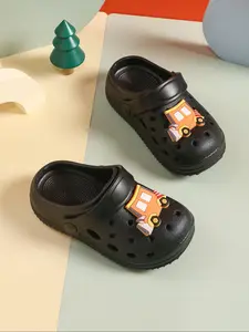 Summer New Plain Color Hole Shoes, Cute Thick Sole Anti-Slip Beach Vacation Sandals, Cartoon Car Excavator Decorative Casual Flip Flops for Boys Girls, Slip Resistant Sandals