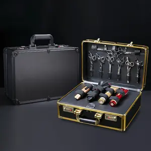Professional Hairdressing Makeup Case with Combination Lock Portable Cosmetics Storage Box for Barber Makeup Artist Travel Salon 20kg Capacity Gold Black