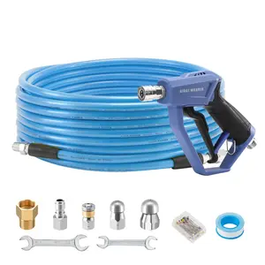 RIDGE WASHER Sewer Jetter Kit for Pressure Washer 50FT, 3600 PSI Drain Cleaning Hose with Short Pressure Washer Gun, 1/4 Inch NPT Corner, Rotating and Button Nose Sewer Jetting Nozzle fathersdaygift