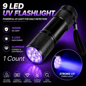 Wild Bright 1-pack 9 LED Mini Compact Aluminum 395nm UV Light, Portable UV Flashlight, Ip44 Waterproof Emergency Camping Gear, Ink Drying, Currency Verifier, 3 Aaa Batteries Not Included
