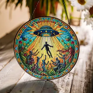 UFO Stained Glass SunCatcher Alien UFO Abduction LightCatcher Cryptid Window Hanging Home Decoration Alien Cryptozoology Decor