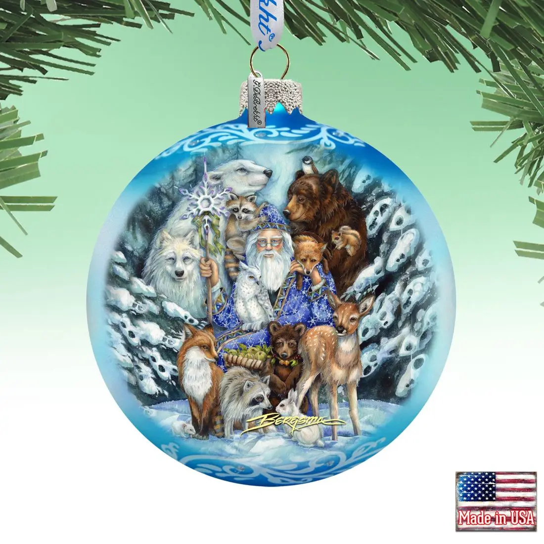 G.DeBrekht 73911-JB 5x5.5 in. Hand-Painted Satin Christmas Glass Ornaments, Festive Home Decor, Mercury Glass, Wildlife Scene