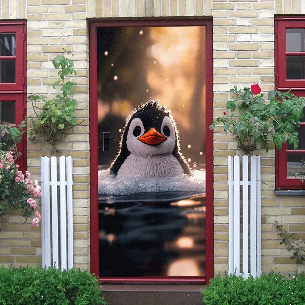 2pcs Cute Cartoon Penguin Bathroom Wall Stickers Kids Room Waterproof Decorative Decals Self Adhesive Removable Animal Theme Baby Room Decoration Supplies Bathroom Tile Glass Stickers
